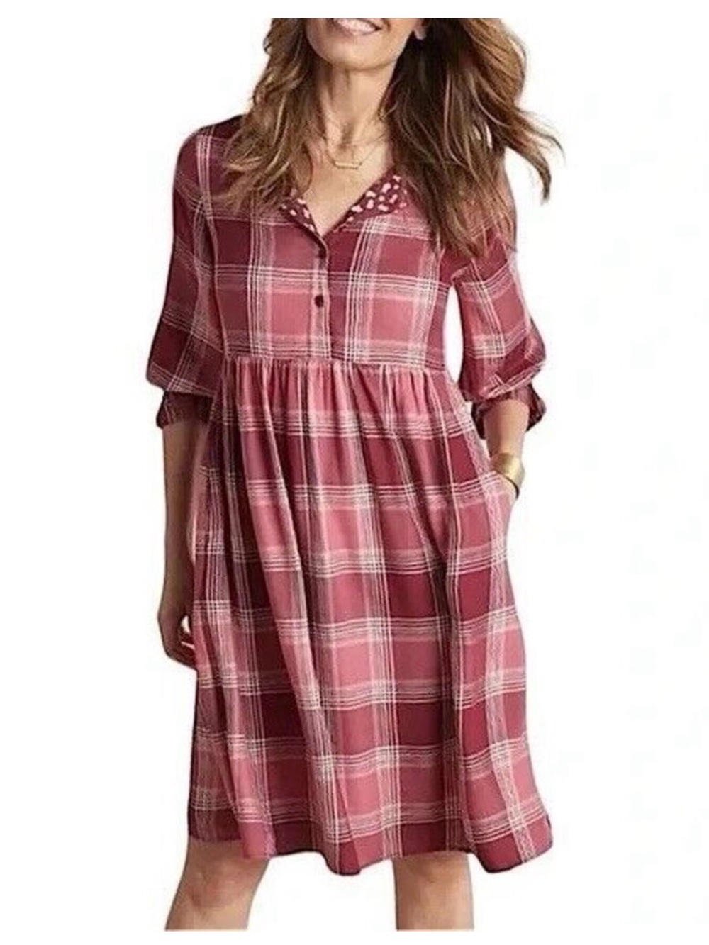 MATILDA JANE You & Me Dress Burgundy Pink Rose Plaid Like New size small
